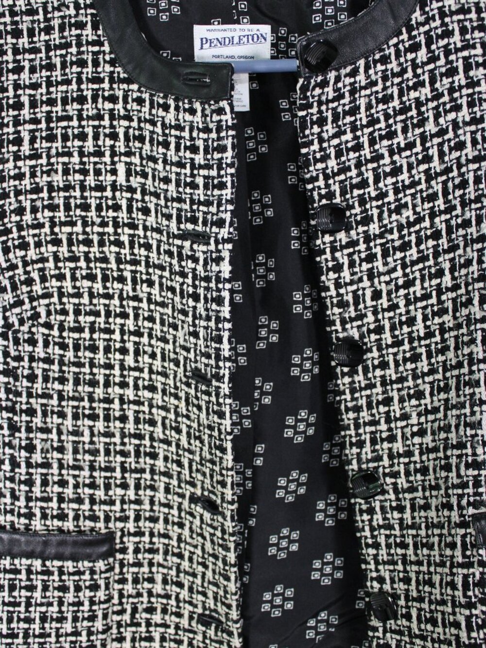 Pendleton 100% Silk Black and White Textured Tweed Jacket w/Leather Trim Blazer - Picture 4 of 16